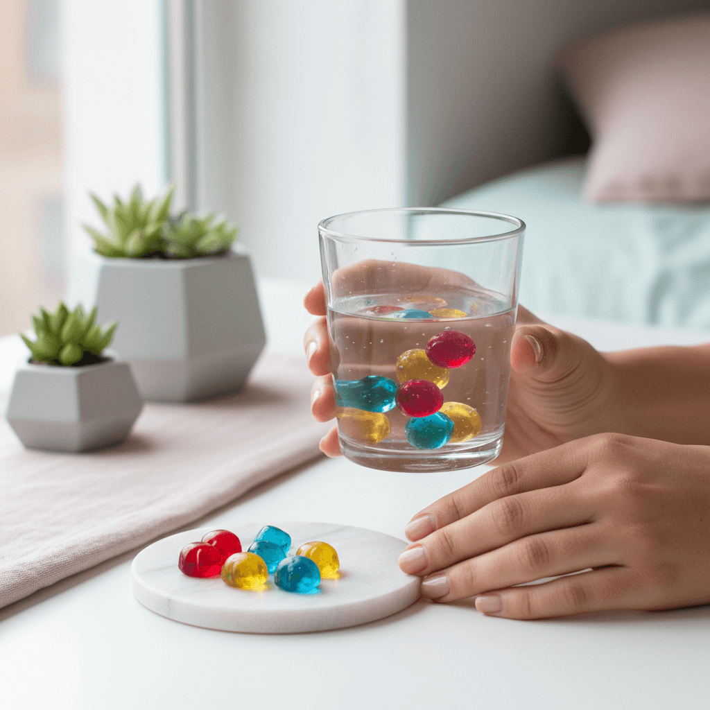 Woman with Jelly Lean Gummies bottle promoting wellness and healthy living