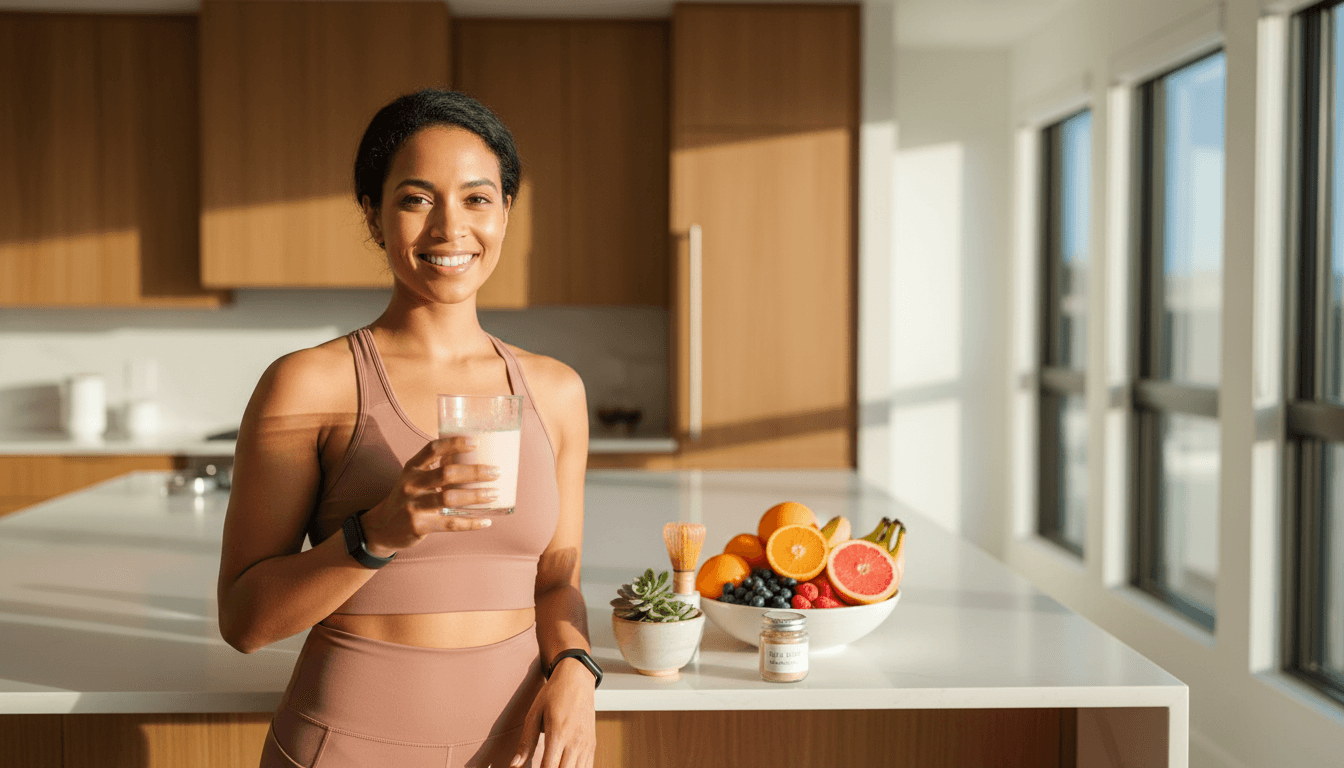Fit woman holding Jelly Lean gummies surrounded by fresh fruits and wellness icons