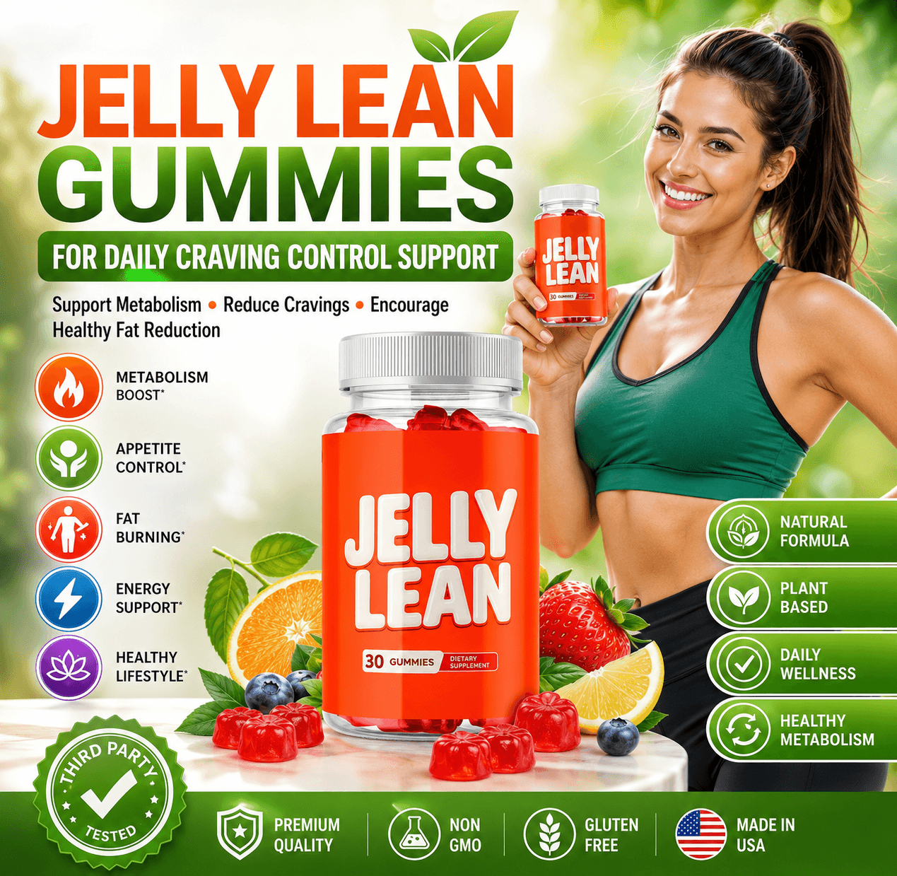 Smiling woman in athletic wear holding Jelly Lean Gummies bottle with fruit and health icons.