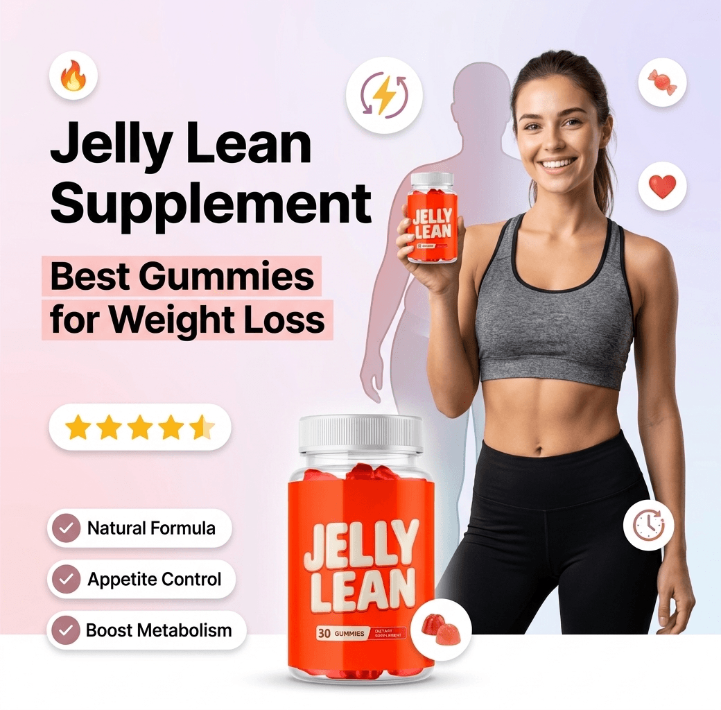 Smiling woman in sportswear holding Jelly Lean weight loss gummies with highlighted natural formula benefits.